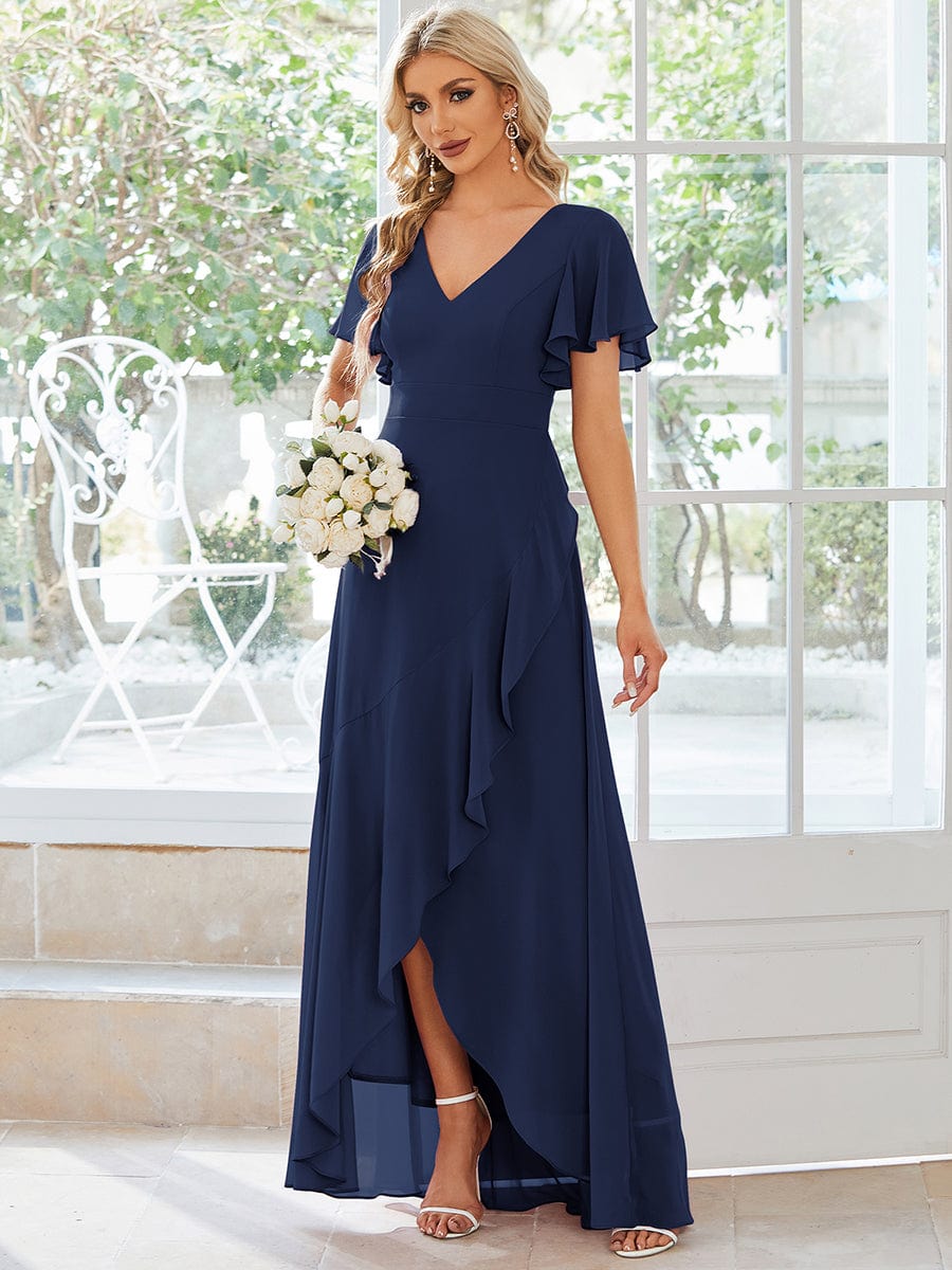 Chiffon Ruffles V-Neck Bridesmaid Dress with High-Low Hem