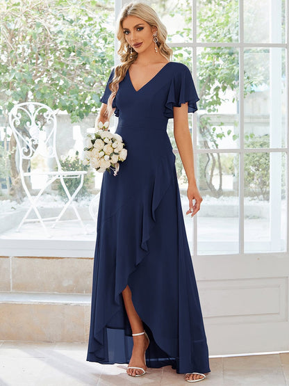 Chiffon Ruffles V-Neck Bridesmaid Dress with High-Low Hem