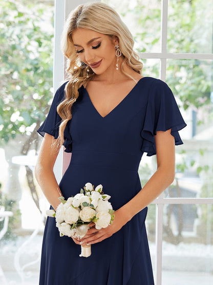 Chiffon Ruffles V-Neck Bridesmaid Dress with High-Low Hem