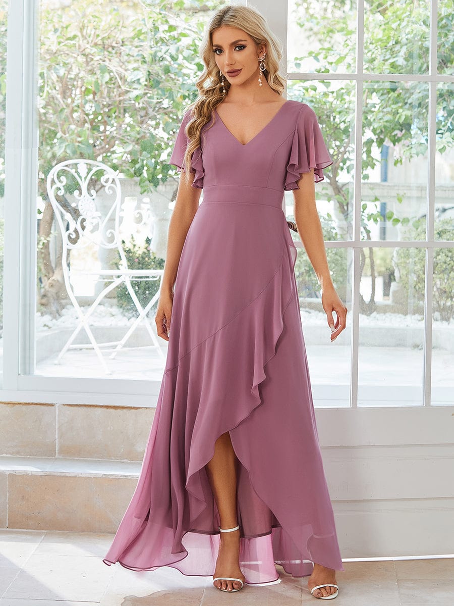 Chiffon Ruffles V-Neck Bridesmaid Dress with High-Low Hem