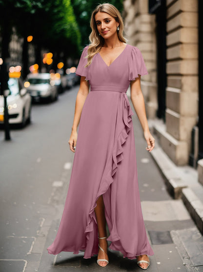Chiffon Ruffles V-Neck Bridesmaid Dress with High-Low Hem