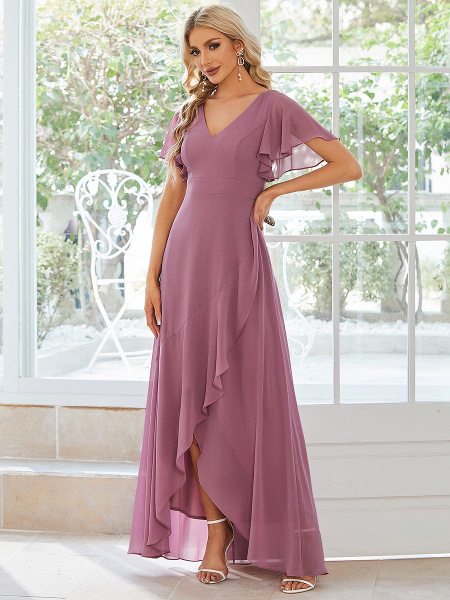 Chiffon Ruffles V-Neck Bridesmaid Dress with High-Low Hem