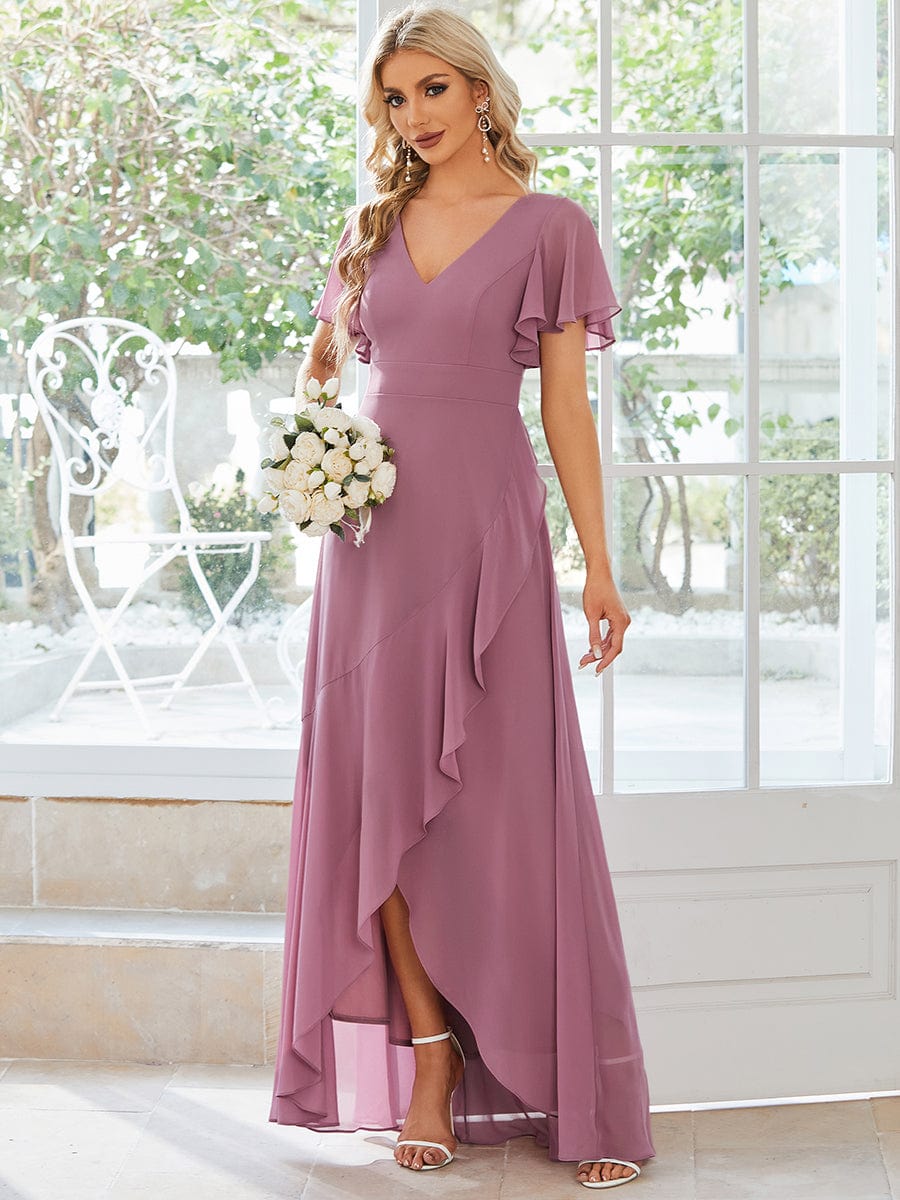 Chiffon Ruffles V-Neck Bridesmaid Dress with High-Low Hem