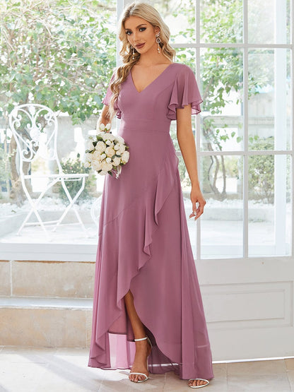 Chiffon Ruffles V-Neck Bridesmaid Dress with High-Low Hem