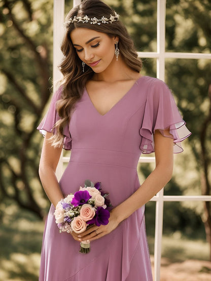 Chiffon Ruffles V-Neck Bridesmaid Dress with High-Low Hem