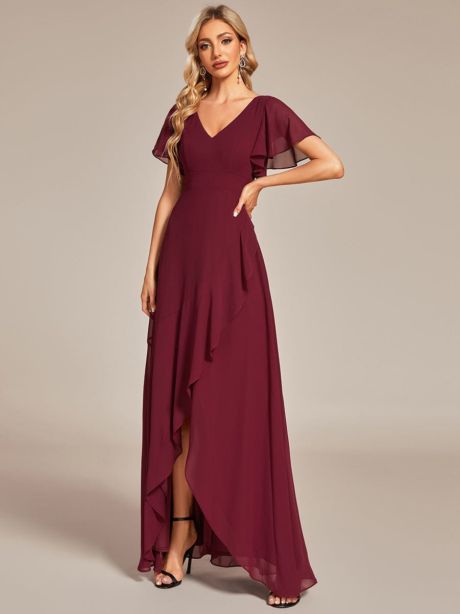 Chiffon Ruffles V-Neck Bridesmaid Dress with High-Low Hem