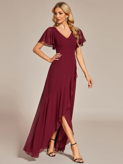 Chiffon Ruffles V-Neck Bridesmaid Dress with High-Low Hem