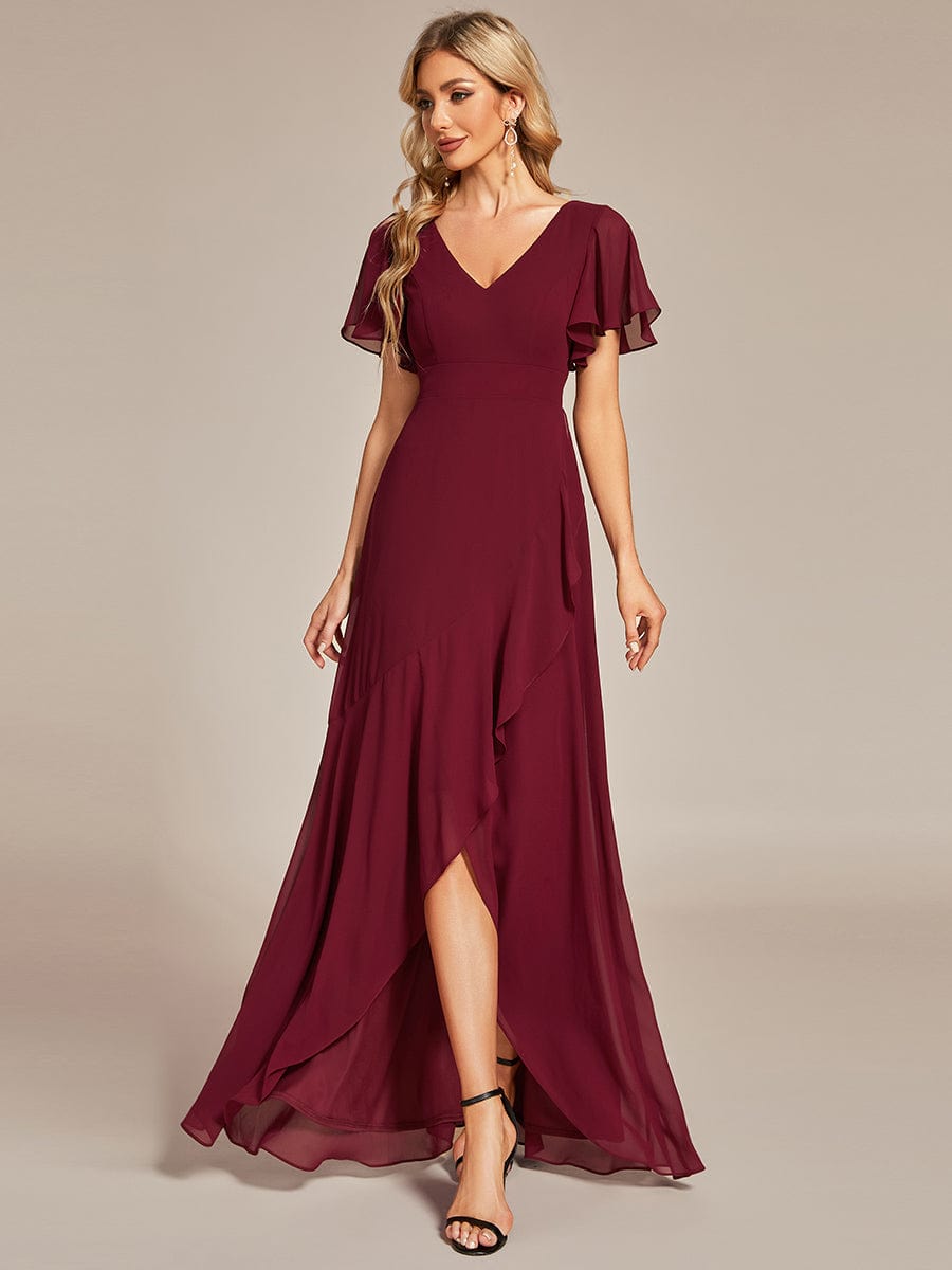 Chiffon Ruffles V-Neck Bridesmaid Dress with High-Low Hem