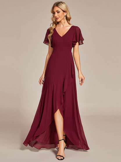 Chiffon Ruffles V-Neck Bridesmaid Dress with High-Low Hem