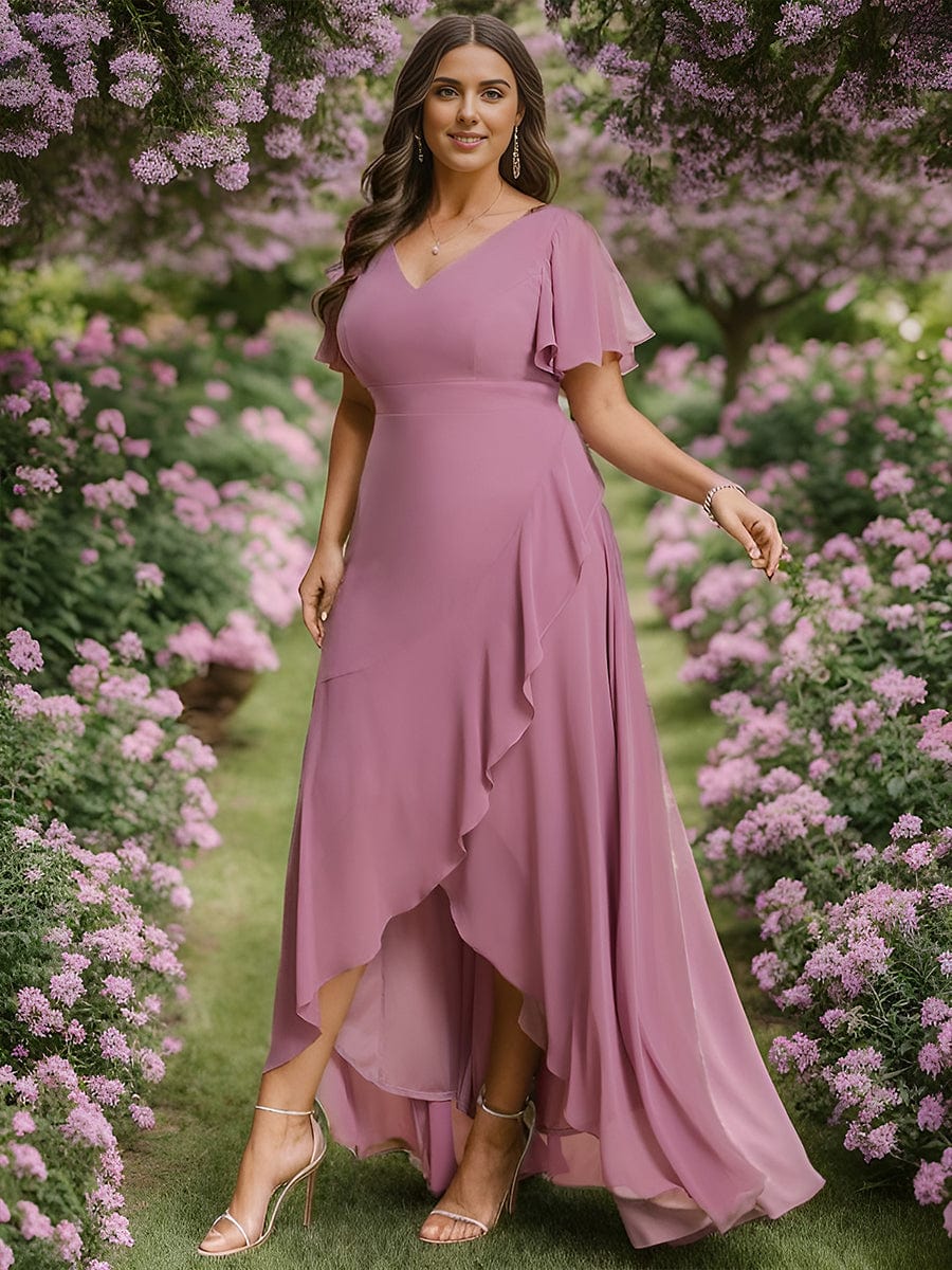Chiffon Ruffles V-Neck Bridesmaid Dress with High-Low Hem