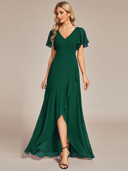 Chiffon Ruffles V-Neck Bridesmaid Dress with High-Low Hem