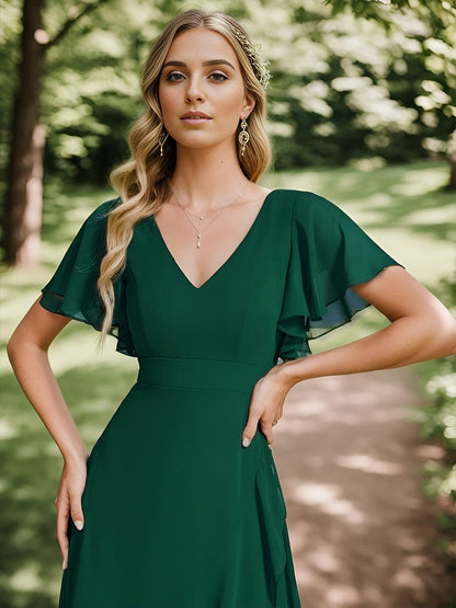 Chiffon Ruffles V-Neck Bridesmaid Dress with High-Low Hem