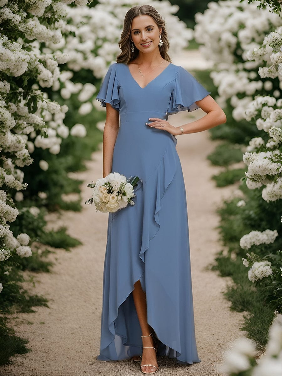 Chiffon Ruffles V-Neck Bridesmaid Dress with High-Low Hem