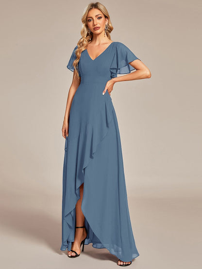Chiffon Ruffles V-Neck Bridesmaid Dress with High-Low Hem