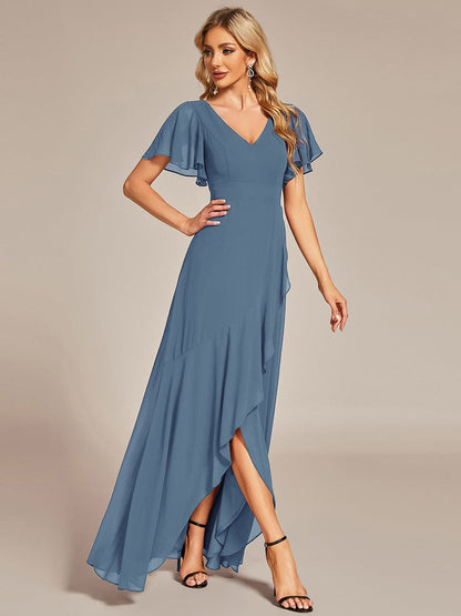 Chiffon Ruffles V-Neck Bridesmaid Dress with High-Low Hem