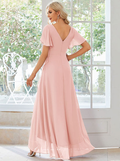 Chiffon Ruffles V-Neck Bridesmaid Dress with High-Low Hem