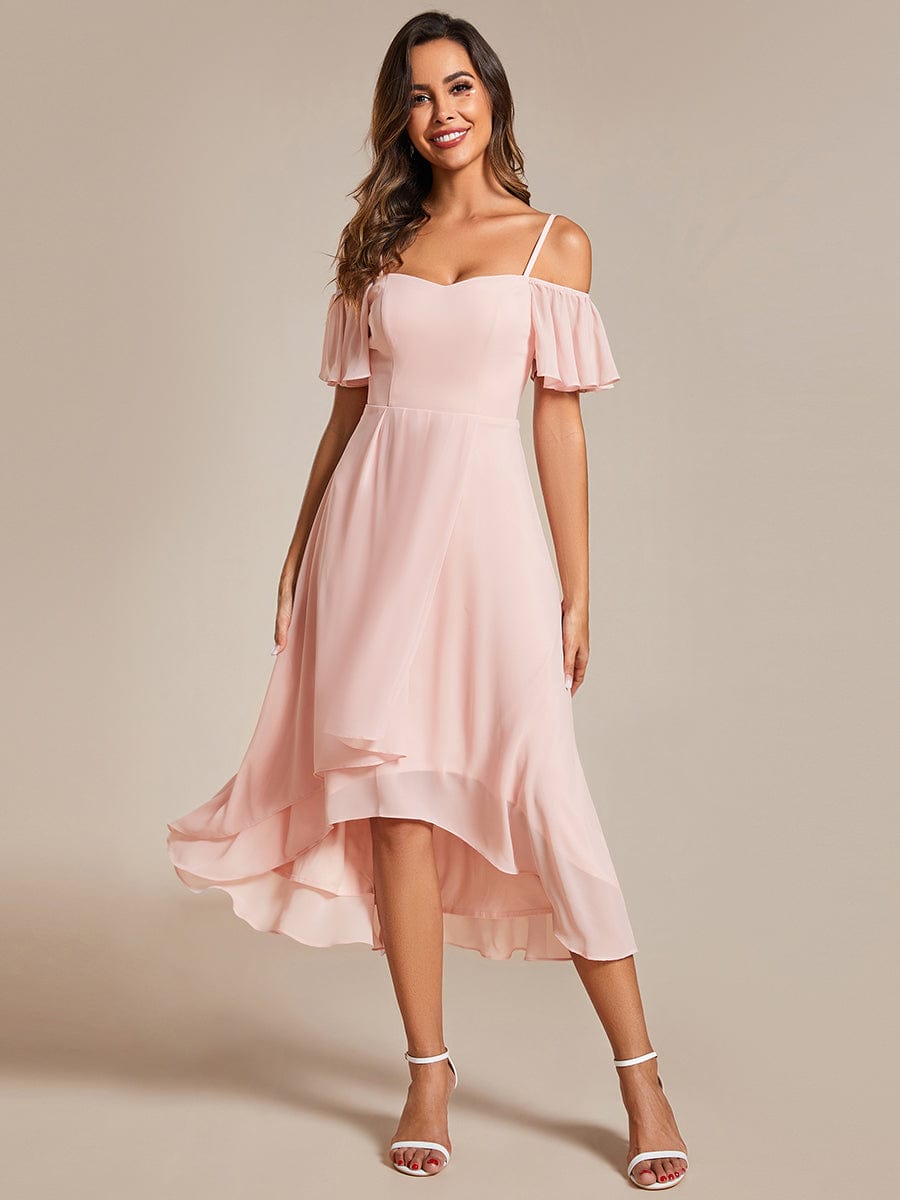 Chiffon Spaghetti Strap Cold Shoulder Tea Length Wedding Guest Dress
