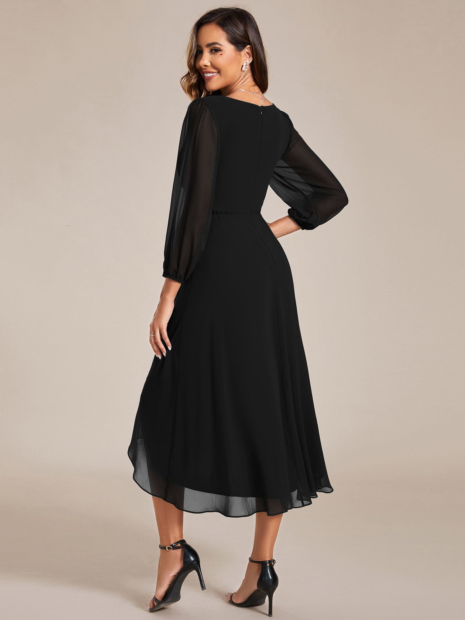 Chiffon Wedding Guest Dress with Elegant Long Sleeves and Ruffles