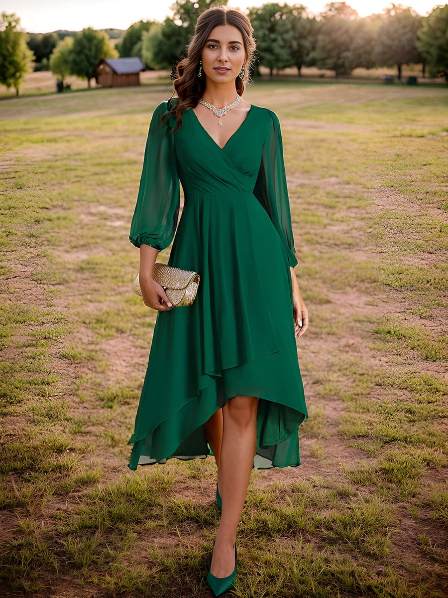 Chiffon Wedding Guest Dress with Elegant Long Sleeves and Ruffles