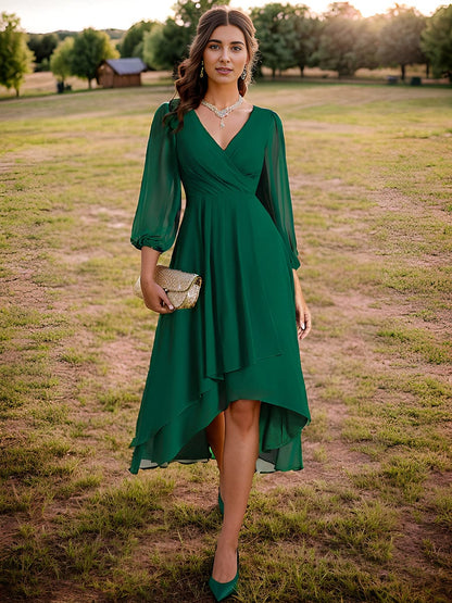 Chiffon Wedding Guest Dress with Elegant Long Sleeves and Ruffles