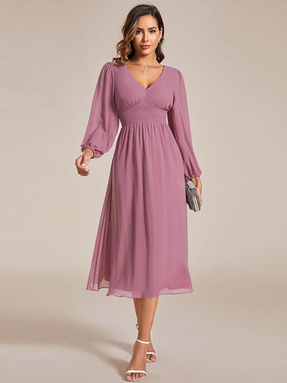 Chiffon Wedding Guest Dress with Knee Length and Long Sleeves