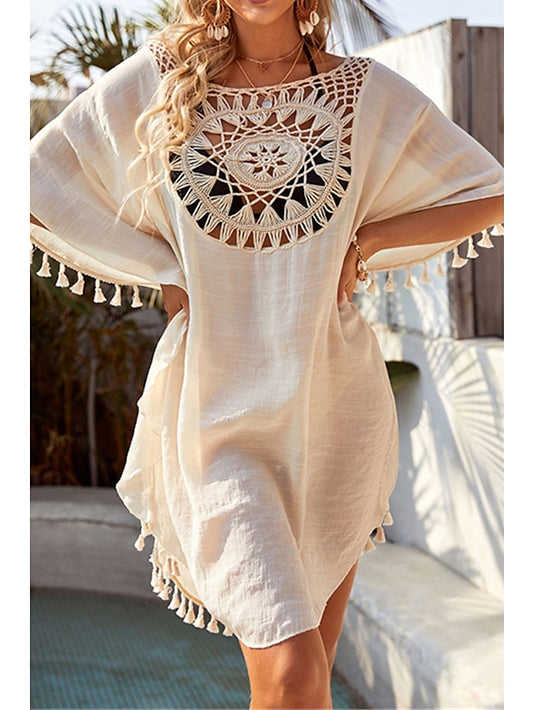 Women's Dress - Swimwear Cover Up Beach Dress Normal Swimsuit UV Protection Tassel Printing Hole Pure Color Black Beige White Scoop Neck Bathing Suits New Vacation Daily