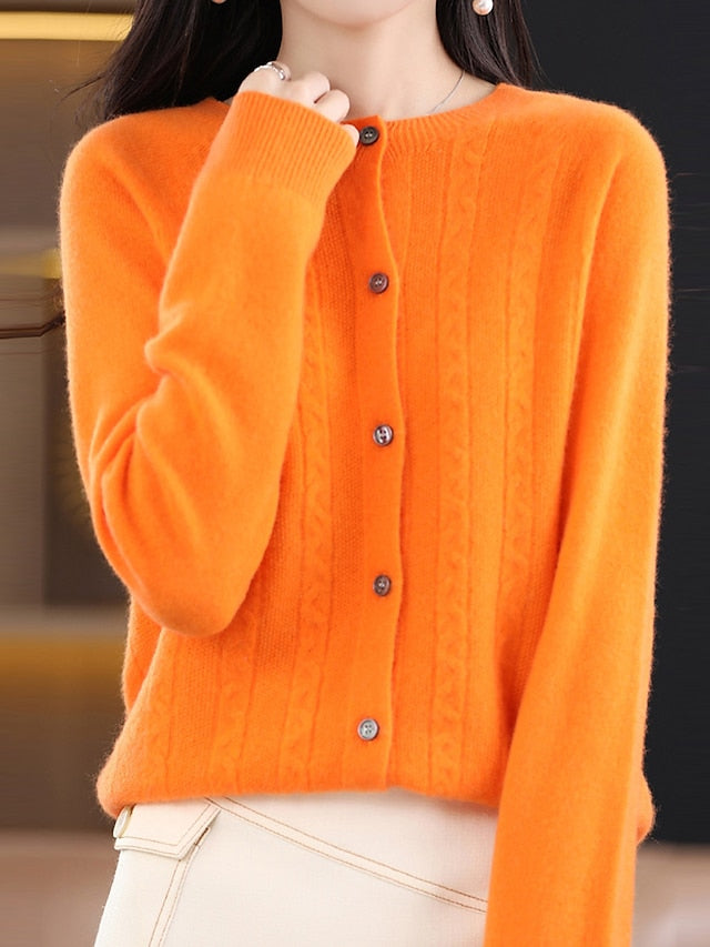 Women's Cardigan Sweater Jacket Crew Neck Cable Knit Polyester Button Knitted Fall Winter Regular Outdoor Valentine's Day Daily Streetwear Stylish Casual Long Sleeve Pure Color Pink Red Orange S M L