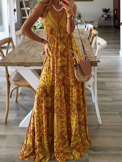 Women's Dress - Boho Dress Long Dress Maxi Dress Green Purple Pink Sleeveless Abstract Print Spring Summer V Neck Classic 2023 S M L XL