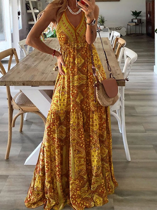 Women's Dress - Boho Dress Long Dress Maxi Dress Green Purple Pink Sleeveless Abstract Print Spring Summer V Neck Classic 2023 S M L XL