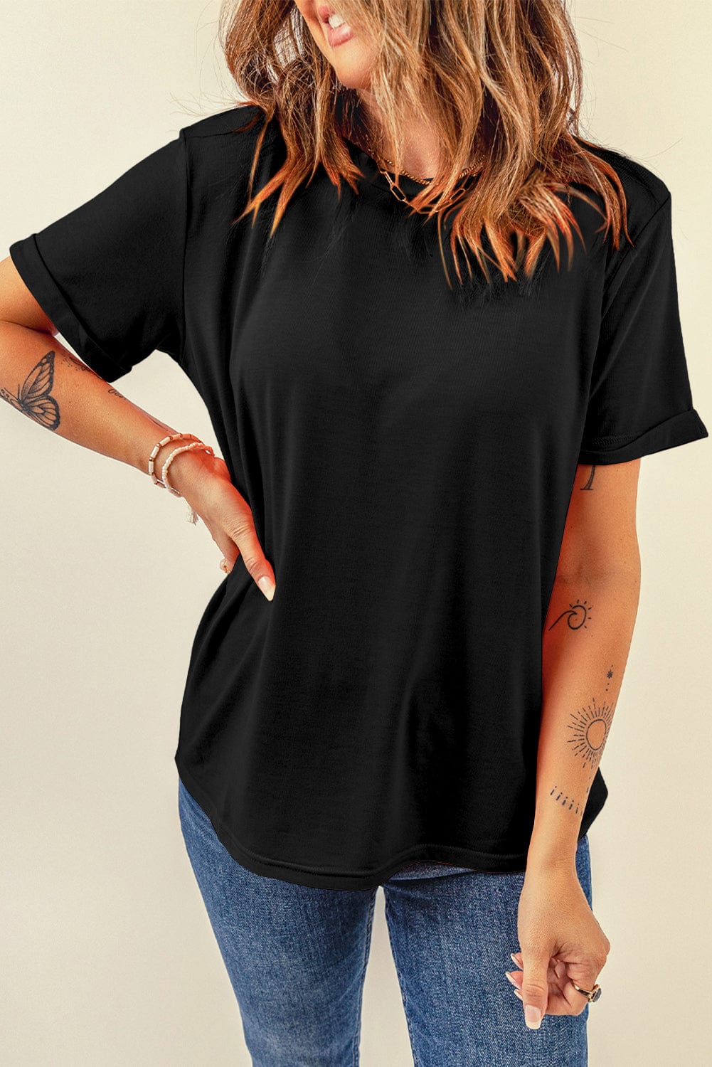 Classic Black Round Neck Casual Tee