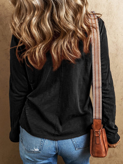 Classic Black V Neck Long Sleeve Tee with Center Seam