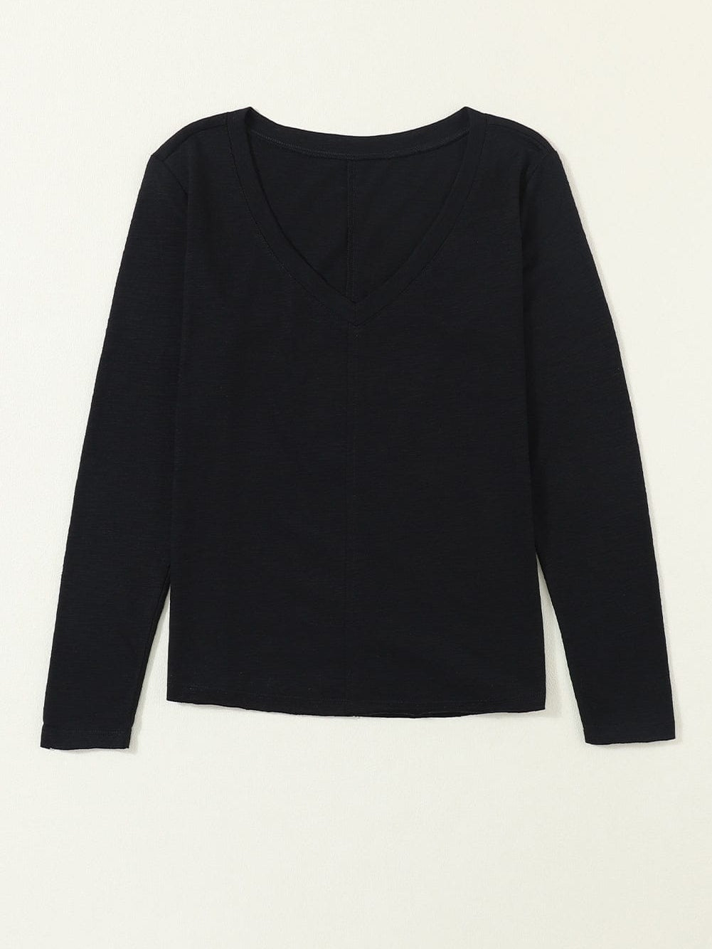 Classic Black V Neck Long Sleeve Tee with Center Seam
