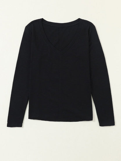 Classic Black V Neck Long Sleeve Tee with Center Seam