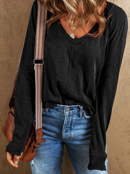 Classic Black V Neck Long Sleeve Tee with Center Seam