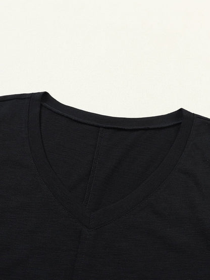 Classic Black V Neck Long Sleeve Tee with Center Seam