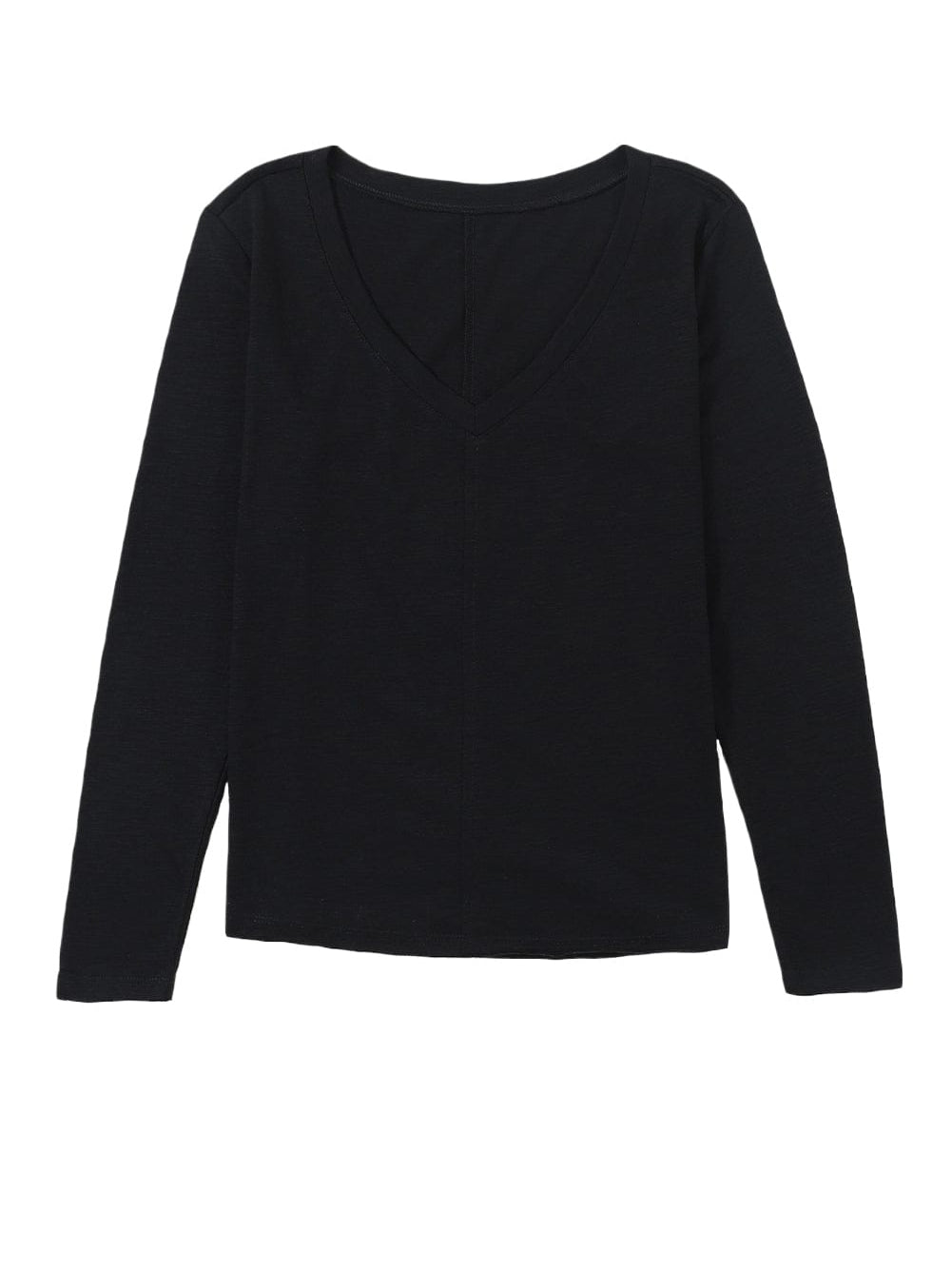 Classic Black V Neck Long Sleeve Tee with Center Seam