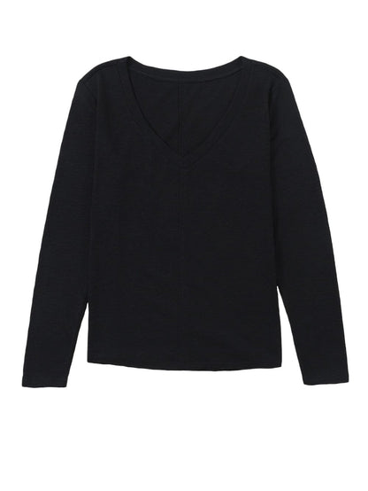 Classic Black V Neck Long Sleeve Tee with Center Seam