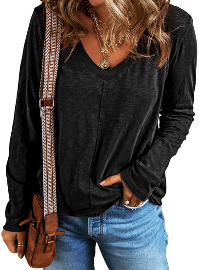 Classic Black V Neck Long Sleeve Tee with Center Seam