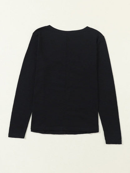 Classic Black V Neck Long Sleeve Tee with Center Seam