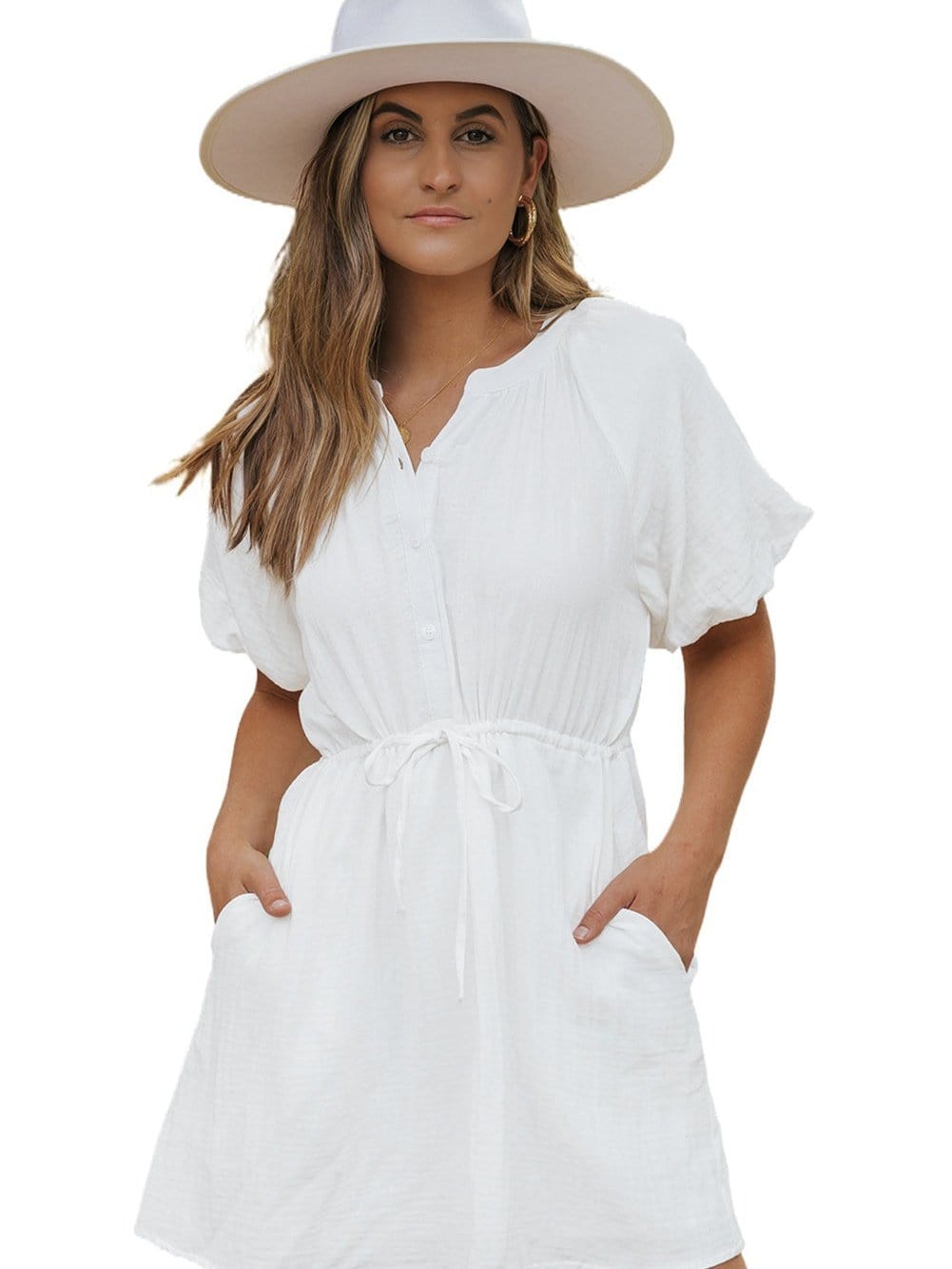Classic White Cotton Dress with Puff Sleeves and Drawstring Waist
