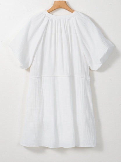 Classic White Cotton Dress with Puff Sleeves and Drawstring Waist