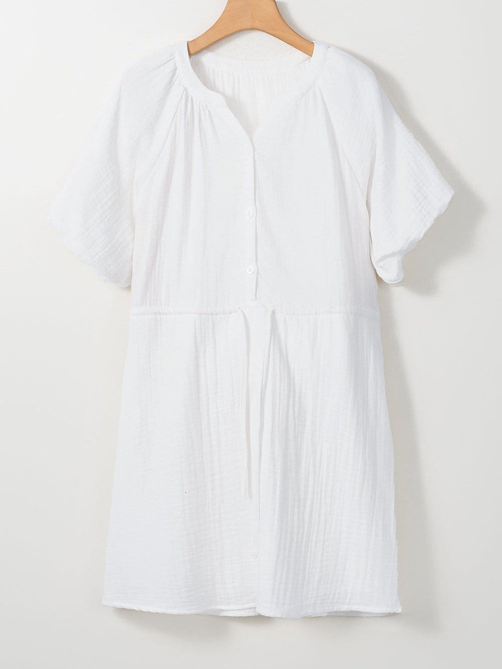 Classic White Cotton Dress with Puff Sleeves and Drawstring Waist