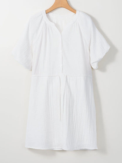 Classic White Cotton Dress with Puff Sleeves and Drawstring Waist