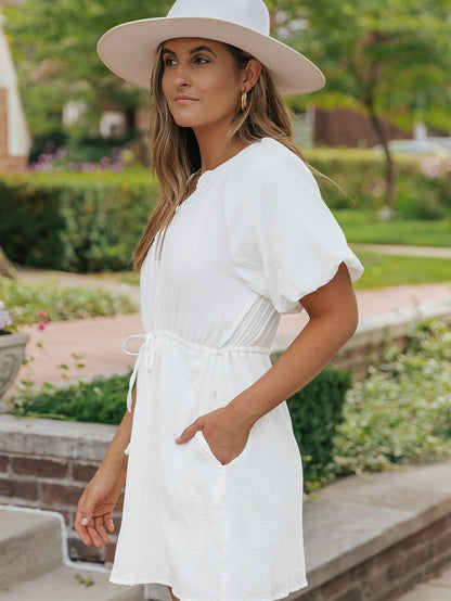 Classic White Cotton Dress with Puff Sleeves and Drawstring Waist