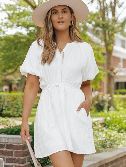 Classic White Cotton Dress with Puff Sleeves and Drawstring Waist
