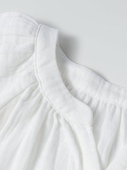 Classic White Cotton Dress with Puff Sleeves and Drawstring Waist