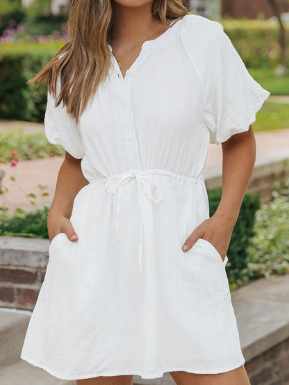 Classic White Cotton Dress with Puff Sleeves and Drawstring Waist