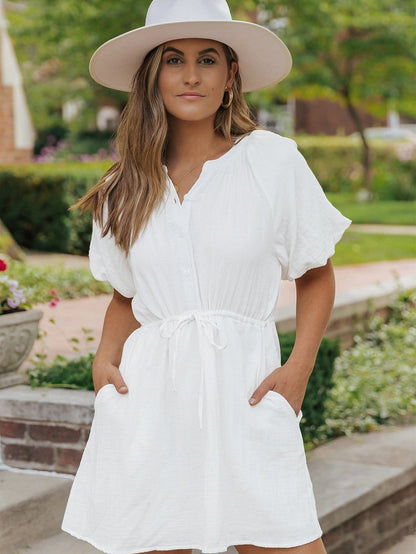 Classic White Cotton Dress with Puff Sleeves and Drawstring Waist