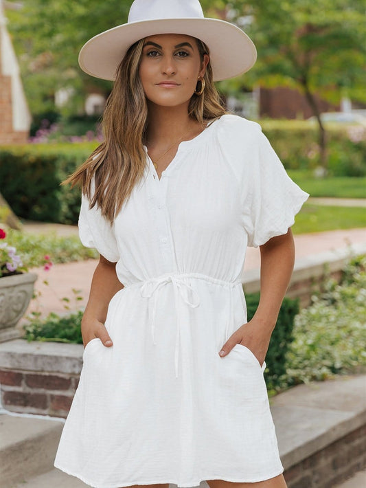 Classic White Cotton Dress with Puff Sleeves and Drawstring Waist