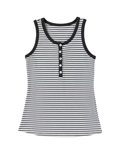 Classic White Striped Ribbed Knit U Neck Tank Top